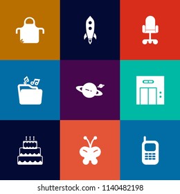 Modern, simple vector icon set on colorful flat backgrounds with chair, pinafore, sign, furniture, food, entrance, phone, music, spaceship, kitchen, restaurant, pie, sweet, business, uniform icons