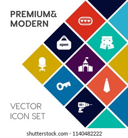 Modern, simple vector icon set on colorful flat background with retail, hygiene, house, sign, fashion, building, dentistry, security, sport, shop, work, hand, template, dentist, interior, dental icons