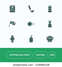 Modern, simple vector icon set on white background with container, female, watch, soup, plastic, fashion, coffee, bowling, interface, patriotism, time, spoon, ball, cooking, fun, dinner, sign icons