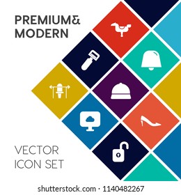 Modern, simple vector icon set on colorful flat background with cloud, heel, child, female, equipment, shoe, hat, sign, kitchen, weight, fashion, play, childhood, fitness, high, kid, health, fun icons