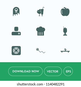 Modern, simple vector icon set on white background with strawberry, chief, kite, alcohol, white, bar, sweet, cone, fresh, dessert, ice, social, summer, alien, apple, fan, sign, cocktail, drink icons