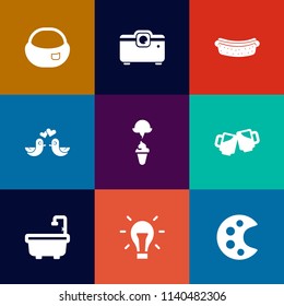 Modern, simple vector icon set on colorful flat backgrounds with electricity, lunch, drawing, media, school, dinner, object, beer, bathroom, baggage, knapsack, sweet, pub, sign, palette, love icons