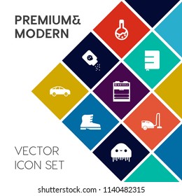 Modern, simple vector icon set on colorful flat background with white, container, monster, leather, powder, housework, fashion, lab, technology, left, highway, direction, textbook, baby, bus icons