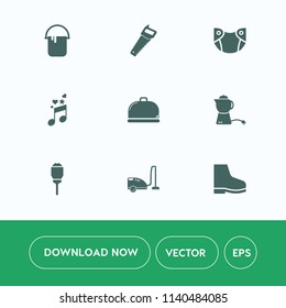 Modern, simple vector icon set on white background with sound, footwear, vacuum, music, infant, lamp, equipment, note, drink, tea, interior, childhood, teapot, construction, hygiene, fashion icons