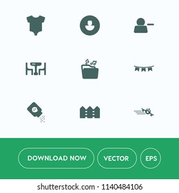 Modern, simple vector icon set on white background with plane, celebration, powder, social, background, user, kid, airplane, newborn, boy, human, white, interface, music, home, travel, flight icons