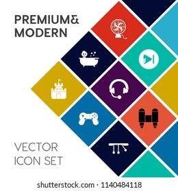 Modern, simple vector icon set on colorful flat background with toy, summer, internet, cute, headphone, beach, hygiene, cooling, child, audio, spaceship, joystick, sign, craft, ventilator, video icons