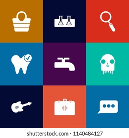 Modern, simple vector icon set on colorful flat backgrounds with musical, fiction, healthy, white, crane, music, science, web, leather, medicine, test, style, experiment, accessory, background icons