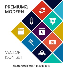 Modern, simple vector icon set on colorful flat background with fire, care, fashion, cute, fresh, boy, christmas, fish, appliance, fahrenheit, health, kitchen, home, temperature, baby, seafood icons