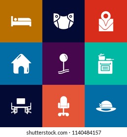 Modern, simple vector icon set on colorful flat backgrounds with oven, hotel, city, business, travel, bed, white, cooking, location, infant, food, modern, desk, kitchen, chair, sign, office, web icons