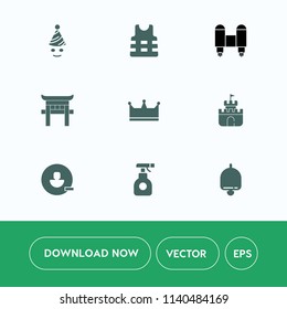 Modern, simple vector icon set on white background with costume, craft, clown, happy, rocket, sprayer, life, ring, remove, sea, spray, holiday, account, bell, crown, birthday, plastic, travel icons