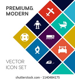 Modern, simple vector icon set on colorful flat background with evening, stroller, money, kid, conditioning, aviation, technology, vehicle, mother, child, flame, warm, fireplace, robot, fly, air icons