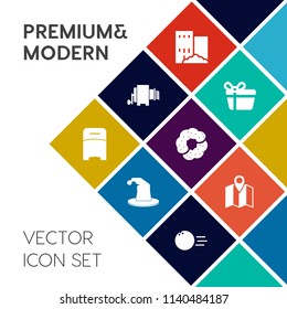 Modern, simple vector icon set on colorful flat background with restaurant, sweet, map, circus, christmas, cake, ball, decoration, dessert, doughnut, sport, holiday, fun, road, estate, double icons