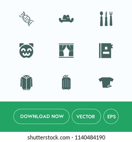 Modern, simple vector icon set on white background with shirt, clothes, home, fashion, happy, book, travel, telephone, directory, object, business, fork, cute, sign, cap, headwear, asian, phone icons
