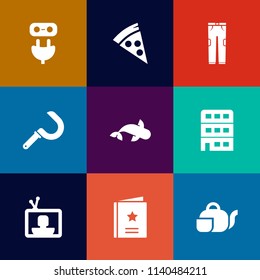Modern, simple vector icon set on colorful flat backgrounds with house, clothing, socket, cheese, connect, sign, fish, tea, favour, japanese, favorite, beverage, energy, harvest, clothes, plug icons