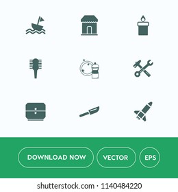 Modern, simple vector icon set on white background with hair, brush, sign, yacht, retail, candle, broom, store, beauty, cutlery, knife, nautical, flame, glowing, spanner, wrench, equipment, tool icons