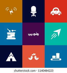 Modern, simple vector icon set on colorful flat backgrounds with energy, adventure, pigeon, paper, room, camp, car, white, transportation, outdoor, armchair, chair, bird, musical, modern, sound icons