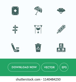 Modern, simple vector icon set on white background with japanese, poker, arrow, kebab, rain, toy, competitive, cricket, traditional, hot, season, weather, game, child, kid, bonfire, trash, waste icons