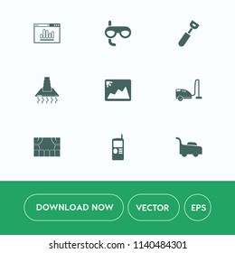 Modern, simple vector icon set on white background with vintage, equipment, grass, housework, frame, image, white, garden, household, hood, mower, analytics, cell, sign, business, seo, sport icons