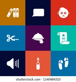 Modern, simple vector icon set on colorful flat backgrounds with cute, directory, communication, bubble, medicine, black, sad, face, waiter, restaurant, laboratory, infant, child, cafe, volume icons