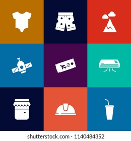 Modern, simple vector icon set on colorful flat backgrounds with airplane, travel, jar, station, small, cold, baby, wear, plane, orbit, ticket, child, fashion, mountain, helmet, nature, planet icons