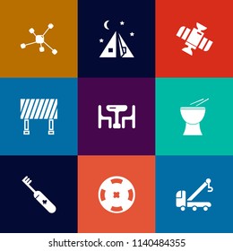 Modern, simple vector icon set on colorful flat backgrounds with tent, outdoor, dinner, background, space, leisure, molecule, music, care, family, accident, hygiene, street, musical, adventure icons