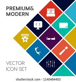 Modern, simple vector icon set on colorful flat background with chalk, call, school, black, ribbon, phone, store, shop, commerce, award, business, prize, food, monitor, technology, education icons