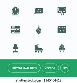 Modern, simple vector icon set on white background with craft, spaceship, ufo, humanoid, news, sport, science, award, technology, pineapple, chat, rocket, chair, internet, happy, timetable, day icons