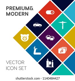 Modern, simple vector icon set on colorful flat background with tool, , agriculture, fitness, internet, health, sport, arrow, transportation, hammer, animal, gym, pub, piglet, livestock, work icons