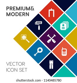 Modern, simple vector icon set on colorful flat background with card, fashion, kid, magnifier, boat, machine, find, scanner, shake, toy, clothing, paint, business, identification, scan, roller icons