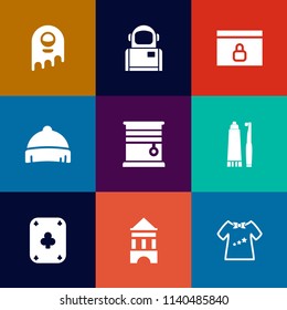 Modern, simple vector icon set on colorful flat backgrounds with style, earth, space, web, internet, lock, technology, play, tower, astronaut, website, humanoid, window, room, home, poker, alien icons
