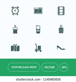 Modern, simple vector icon set on white background with female, online, clock, minute, watch, cargo, music, bell, decoration, box, airport, wax, package, media, time, movie, baggage, warehouse icons