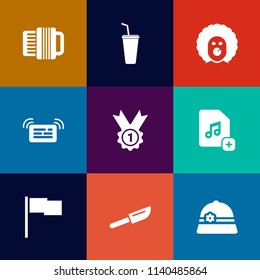 Modern, simple vector icon set on colorful flat backgrounds with water, fork, circus, document, costume, notification, drink, glass, file, instrument, cutlery, clown, victory, winner, sign, flag icons