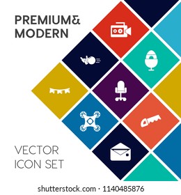 Modern, simple vector icon set on colorful flat background with video, mail, office, work, envelope, hobby, lens, leisure, celebration, equipment, message, vehicle, bowling, tradition, movie icons