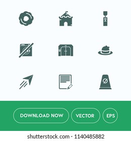 Modern, simple vector icon set on white background with elevator, architecture, clothing, food, wash, fairytale, palace, liquid, tower, style, chocolate, bakery, sign, fly, text, medieval, paper icons