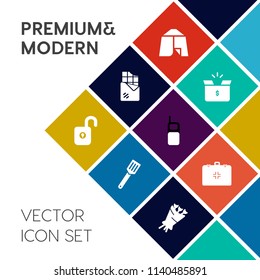 Modern, simple vector icon set on colorful flat background with package, dessert, old, communication, nature, phone, tent, cardboard, kitchen, food, emergency, bouquet, carton, protection, bar icons
