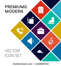Modern, simple vector icon set on colorful flat background with volume, up, shop, music, desk, global, audio, business, call, winter, cap, globe, planet, sound, hat, top, white, message, work icons