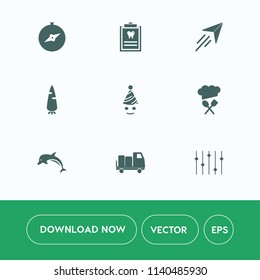 Modern, simple vector icon set on white background with airplane, flight, truck, dental, east, party, animal, birthday, dentist, south, navigation, restaurant, map, clown, dolphin, travel, ocean icons