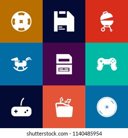 Modern, simple vector icon set on colorful flat backgrounds with sign, disk, bbq, rocking, video, disc, baby, data, floppy, casino, sausage, vegas, gaming, dvd, horse, internet, joystick, toy icons