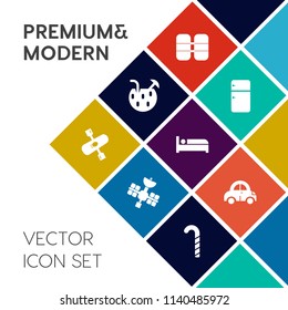 Modern, simple vector icon set on colorful flat background with fridge, cylinder, valve, household, party, activity, sign, air, kitchen, automobile, tank, satellite, drink, water, travel, cold icons
