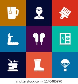 Modern, simple vector icon set on colorful flat backgrounds with parachuting, sport, medical, drink, tea, sky, beverage, brush, instrument, interior, white, gym, dental, sound, jump, drawing icons
