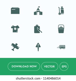 Modern, simple vector icon set on white background with plane, object, business, child, speed, road, flight, kitchen, bucket, travel, storage, truck, document, baby, kid, medieval, tower, fork icons