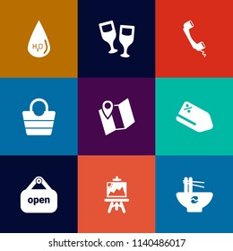 Modern, simple vector icon set on colorful flat backgrounds with drawing, communication, bag, price, chinese, red, liquid, drink, art, mobile, tag, road, food, alcohol, store, wineglass, wine icons