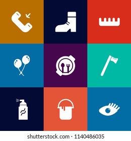 Modern, simple vector icon set on colorful flat backgrounds with mobile, care, interior, hair, table, face, comb, street, grunge, white, house, hammer, celebration, plate, female, food, health icons