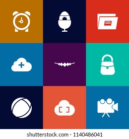 Modern, simple vector icon set on colorful flat backgrounds with equipment, technology, fashion, clock, minute, object, celebration, timer, internet, hour, bell, paper, video, accessory, cloud icons