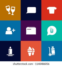 Modern, simple vector icon set on colorful flat backgrounds with clothes, fire, add, speech, account, telephone, document, drink, information, winery, business, sign, communication, candle, food icons