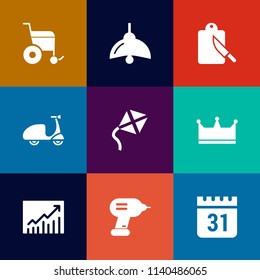 Modern, simple vector icon set on colorful flat backgrounds with bulb, sport, kitchen, sign, dinner, cycle, schedule, handicap, crown, restaurant, king, fork, summer, leisure, tool, wheelchair icons