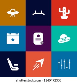 Modern, simple vector icon set on colorful flat backgrounds with galaxy, green, technology, star, award, botany, equality, success, alien, cactus, event, identity, banner, party, celebration, up icons