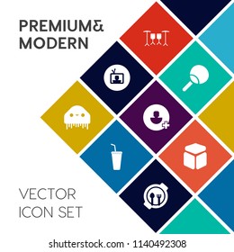 Modern, simple vector icon set on colorful flat background with music, character, glass, juice, kid, game, sign, square, sound, video, leisure, media, screen, plate, instrument, alien, science icons