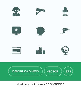 Modern, simple vector icon set on white background with global, computer, digital, map, teapot, sign, beverage, chair, hotel, hair, hairdryer, web, female, beautiful, protection, dryer, security icons