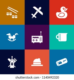 Modern, simple vector icon set on colorful flat backgrounds with equipment, seafood, aviation, airplane, fashion, flight, roll, japanese, wine, transparent, japan, plane, food, media, duckling icons